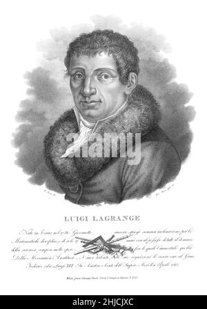 Joseph-Louis Lagrange (1736-1813), noto anche come Giuseppe Luigi Lagrangia, matematico e astronomo italo-francese che ha contribuito in modo significativo ai campi dell'analisi, della teoria dei numeri e della meccanica classica e celeste. Incisione a stiletto e incisione di Luigi Rados (1773-1840) dopo un disegno di Roberto Focosi, circa 1827. Foto Stock