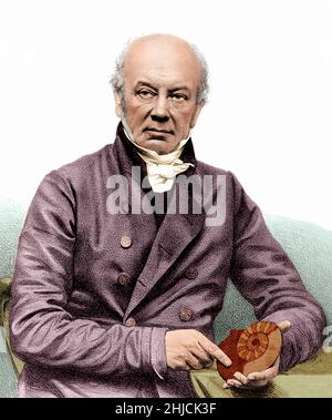William Buckland (1784-1856) fu un geologo e paleontologo inglese che scrisse il primo resoconto completo di un dinosauro fossile, che chiamò megalosauro. Fu un pioniere nell'uso delle feci fossili, per le quali coniò il termine coproliti, per ricostruire antichi ecosistemi. Litografia di T. H. Maguire, 1849, dopo Claudet. Colorato. Foto Stock