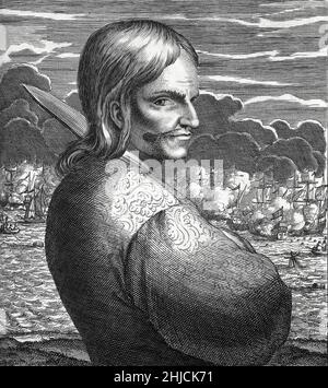 Bartolomeu Portugal√ (16??-1669) fu un buccaneer portoghese che attaccò le navi spagnole nel 1660s. Ha stabilito una delle prime serie di regole popolarmente conosciute come 'il Codice del Pirato.' Fu poi usato da pirati del 18th secolo come John Phillips, Edward Low e Bartolomeo Roberts. Incisione da Alexandre Exquemelin's Buccaneers of America, 1678. Foto Stock