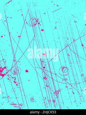 Evento particelle subatomiche. Fotografia scattata il 1957 novembre. Camera di bolla-380. Nelle scienze fisiche, le particelle subatomiche sono particelle molto più piccole degli atomi. Una camera a bolla è un recipiente riempito con un liquido trasparente surriscaldato (il più delle volte idrogeno liquido) utilizzato per rilevare particelle caricate elettricamente che si muovono attraverso di esso. Foto Stock