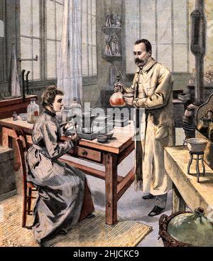 Marie e Pierre Curie nel loro laboratorio a Parigi. Illustrazione da le Petit Parisien, Jan, 10, 1904. Marie Curie (1867-1934) è stata una . I suoi risultati includevano una teoria della radioattività (termine che coniava), tecniche per isolare isotopi radioattivi e la scoperta di due elementi, il polonio e il radium. Pierre Curie (1859-1906) è stato un fisico francese, un pioniere nella cristallografia, nel magnetismo, nella piezoelettricità e nella radioattività, e nel premio Nobel. Foto Stock