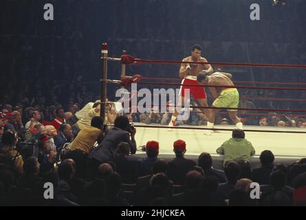 Muhammad Ali (nato nel 1942) combatte Joe Frazier (nato nel 1944) il 8 marzo 1971 a Madison Square Garden, New York City. La 'lotta del secolo' fu una partita tra il campione Frazier e lo sfidante Ali. Frazier ha vinto. Foto Stock