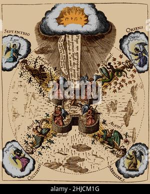 Sistema di salute da parte del medico inglese, astrologo, e mistico Robert Fludd (1574-1637). Questa incisione raffigura un uomo sano (centro) circondato da arcangeli all'interno della fortezza del corpo. Le piaghe sono inviate da figure demoniache dai quattro angoli del mondo: Dal nord viene malinconia, dall'est viene malattia del flemma, dal sud viene malattie sanguinose e dal colerico occidentale. L'uomo è autorizzato a difendere contro le malattie dal divino (in alto). Questa incisione proviene da Medicina Catholica di Robert Fludd, 1631. Foto Stock