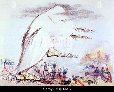 Colera come morte che emana una micidiale nube nera che uccide i soldati su entrambi i lati del campo di battaglia. Da McLean's Monthly Sheet of Caricatures, 1st ottobre 1831. Illustrazione di Robert Seymour (1798-1836). La teoria della miasma sosteneva che malattie come il colera erano causate da un miasma, una forma nociva di aria malata. In realtà, il colera è stato causato dal consumo di acqua o cibo contenente il batterio Vibrio cholerae. Foto Stock