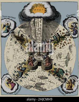 Sistema di salute da parte del medico inglese, astrologo, e mistico Robert Fludd (1574-1637). Questa incisione raffigura un uomo sano (centro) circondato da arcangeli all'interno della fortezza del corpo. Le piaghe sono inviate da figure demoniache dai quattro angoli del mondo: Dal nord viene malinconia, dall'est viene malattia del flemma, dal sud viene malattie sanguinose e dal colerico occidentale. L'uomo è autorizzato a difendere contro le malattie dal divino (in alto). Questa incisione proviene da Medicina Catholica di Robert Fludd, 1631. Foto Stock