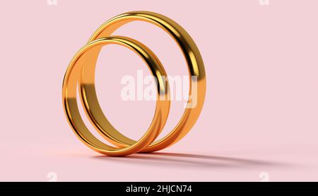Illustrazione di due anelli d'oro di nozze. Concetti di unità. 3d rendering Foto Stock