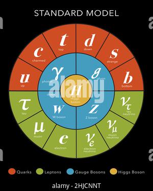 Un diagramma del modello standard per mostrare la fisica delle particelle. Modello standard di fisica delle particelle. L'illustrazione mostra quark (rosso), leptoni (verde), bosoni di gauge (blu) e il bosone di Higgs (giallo). Foto Stock