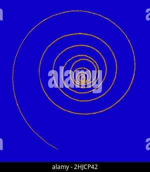 Evento camera di bolla. Spirali di elettroni nel campo magnetico della camera a bolla da 10 pollici (25cm) presso il Berkeley Lab. Quando perde energia nella ionizzazione dell'idrogeno liquido nella camera a bolla, l'elettrone diventa sempre meno resistente alla forza del campo magnetico e si arriccia verso l'interno su riccioli successivamente più stretti. Una camera a bolla è un recipiente riempito con un liquido trasparente surriscaldato (il più delle volte idrogeno liquido) utilizzato per rilevare particelle caricate elettricamente che si muovono attraverso di esso. Foto Stock