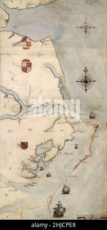 La mappa di John White dell'area della colonia di Roanoke, c.. 1585. La prima colonia sull'isola di Roanoke fu istituita dal governatore Ralph Lane nel 1585. In seguito al fallimento dell'insediamento del 1585, una seconda colonia guidata da John White sbarcò sulla stessa isola nel 1587, e divenne nota come colonia perduta a causa della scomparsa inspiegabile della sua popolazione. Foto Stock