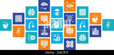 Banner Web di design piatto di intelligenza artificiale. Robotics, chatbot, Database, icone di linea Big Data isolate su sfondo bianco. Illustrazione Vettoriale