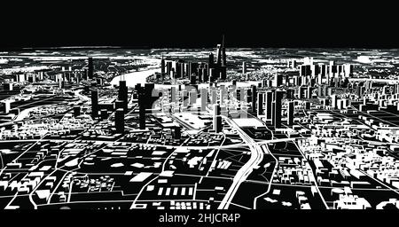 Vista satellitare di Shanghai, mappa della città con casa e edificio. Silhouette, bianco e nero. Grattacieli. Cina. Repubblica popolare cinese Foto Stock