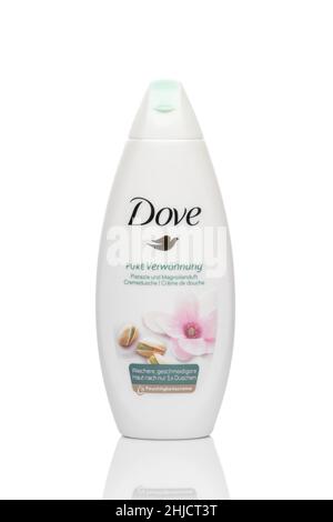 Gel doccia per colombi. L'oggetto è isolato su sfondo bianco. Bottiglia di plastica. Idratazione e pulizia della pelle. Concetto di igiene. Modifica illustrativa Foto Stock