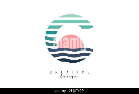 Logo lettera C con linee colorate diritte e a zig-zag. Illustrazione vettoriale con linee di colore del mare e del tramonto e mezzo cerchio. Illustrazione Vettoriale