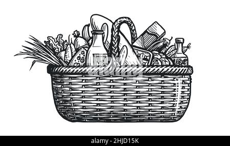 Schizzo del cestino dell'alimento. Supermercato cestino shopping con cibo biologico. Illustrazione vettoriale disegnata a mano Illustrazione Vettoriale