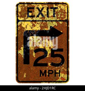 Old Rusty American Road Sign - curva di svolta uscita velocità advisory, Maryland Foto Stock