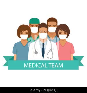 Medici, infermieri e personale medico, team medico, team up lotta per la pandemia del virus Corona e la diffusione di Covid-19. Consapevolezza della malattia di coronavirus Illustrazione Vettoriale