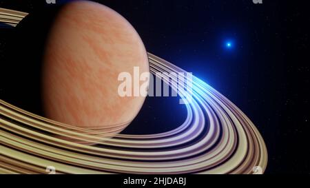 3D Render, pianeta gigante del gas nello spazio profondo. Saturno pianeta e anelli da vicino. Paesaggio notturno con il pianeta Saturno nel cielo stellato. Scienza dello spazio f Foto Stock