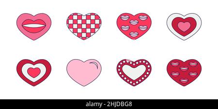 Set di icone del cuore di San Valentino retrò. Simboli d'amore nello stile d'arte pop line alla moda. La figura di cuori diversi in rosa tenue, rosso e corallo Illustrazione Vettoriale