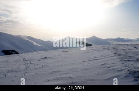 Vista invernale di East Kip, West Kip e Mount Law (Deerhope Rig) ricoperta da una coperta di neve, con piste da sci in primo piano. Foto Stock