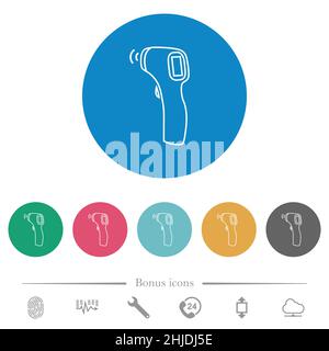 Termometro senza contatto per tracciare icone bianche piatte su sfondi rotondi di colore. 6 icone bonus incluse. Illustrazione Vettoriale