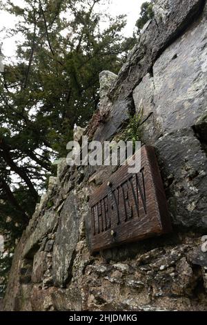 Il cartello del sagrato per il Fortingall Yew, probabilmente l'albero più antico del Regno Unito, con un'età stimata tra i 2000 e i 3000 anni. Questo tasso europeo (Taxus ba Foto Stock