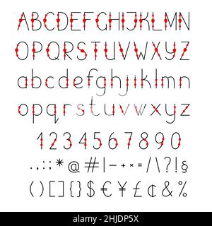 Lettere dell'alfabeto inglese decorate con cuori illustrazione vettoriale maiuscola e minuscola, abc calligrafico, divertente grafia decorativa carina, lettere font manoscritte, numeri, simboli Illustrazione Vettoriale