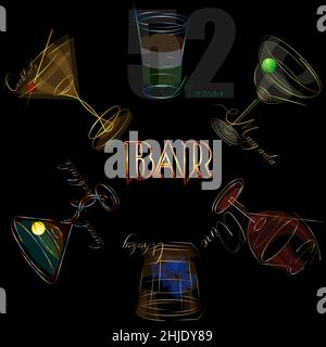 carta dei vini per il bar da un set di bicchieri astratti per cocktail di vino e whiskey 1 Illustrazione Vettoriale