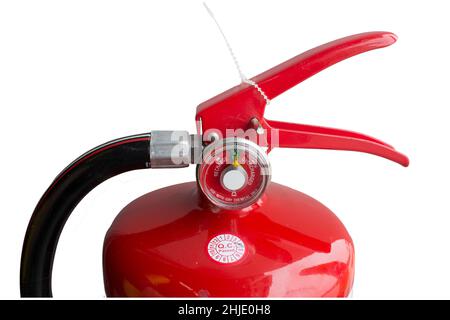 Primo piano indicatori sicurezza antincendio su sfondo bianco muro di cemento Foto Stock