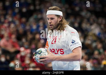 Budapest, Ungheria, 28th gennaio 2022. Mikkel Hansen di Danimarca durante l'incontro maschile EHF EURO 2022, semifinale tra Spagna e Danimarca a Budapest, Ungheria. Gennaio 28, 2022. Credit: Nikola Krstic/Alamy Foto Stock