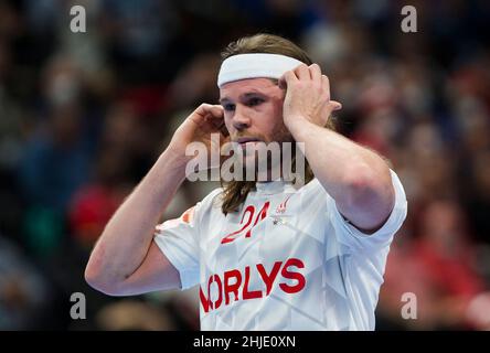 Budapest, Ungheria, 28th gennaio 2022. Mikkel Hansen di Danimarca durante l'incontro maschile EHF EURO 2022, semifinale tra Spagna e Danimarca a Budapest, Ungheria. Gennaio 28, 2022. Credit: Nikola Krstic/Alamy Foto Stock