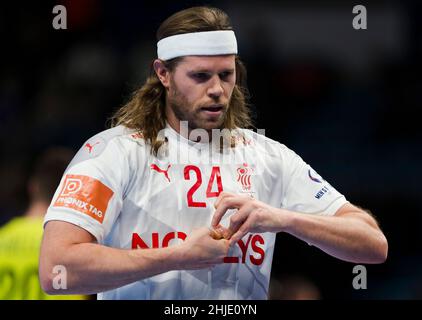 Budapest, Ungheria, 28th gennaio 2022. Mikkel Hansen di Danimarca durante l'incontro maschile EHF EURO 2022, semifinale tra Spagna e Danimarca a Budapest, Ungheria. Gennaio 28, 2022. Credit: Nikola Krstic/Alamy Foto Stock