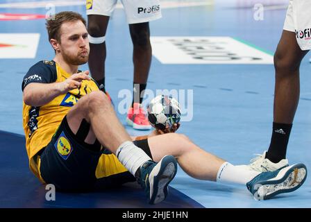 Budapest, Ungheria, 28th gennaio 2022. Albin Lagergren di Svezia durante l'incontro maschile EHF EURO 2022, semifinale tra Francia e Svezia a Budapest, Ungheria. Gennaio 28, 2022. Credit: Nikola Krstic/Alamy Foto Stock