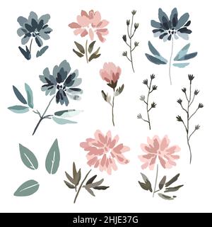 Grande set di delicati e carini fiori pastello in stile acquerello isolati su sfondo bianco. Illustrazione Vettoriale
