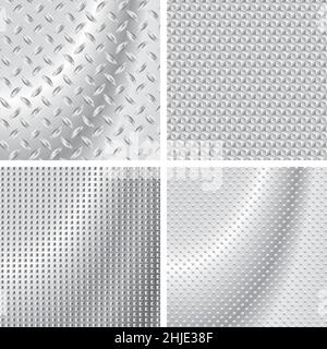 Confezione di texture metalliche ad alta risoluzione con piastra diamantata, mesh e motivi tratteggiati, ideale per progetti di design industriale e sfondi. Illustrazione Vettoriale