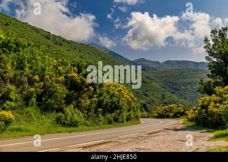 Vista delle aspre montagne verdi con le basse nuvole pendenti vicino al Parco Nazionale del Lago Skadar in Montenegro Foto Stock