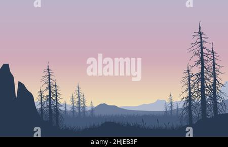 Vista realistica delle montagne con la foresta dal bordo della scogliera all'alba. Illustrazione vettoriale di una città Illustrazione Vettoriale