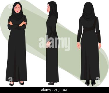 uomini e donne musulmani arabi personaggio indossando abiti tradizionali fronte retro e vista laterale vettore arabo illustrazione in stile piatto Illustrazione Vettoriale