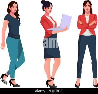 set di donne lavoratrici vettoriali personaggi design in abiti da ufficio diffrent poses fronte retro e laterale vista reale stile personaggio Illustrazione Vettoriale