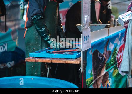 Uccidendo carpa per strada. Tradizionale pasto di Natale ceco a Praga, Repubblica Ceca. Foto Stock