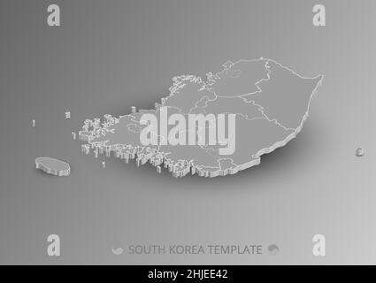 Mappa isometrica della Corea del Sud. Mappa Corea con modello vettore di confine. Sfondo grigio ombra. Illustrazione Vettoriale