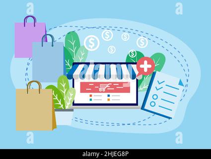 Shopping online. Checklist Ordine eCommerce. Pagamento on-line della domanda del negozio Web. Marketing online digitale con transazioni su schermo per laptop. Tono blu Illustrazione Vettoriale