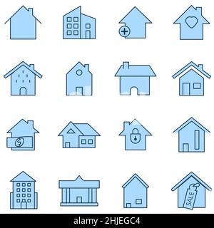 Set di icone home illustratore vettoriale. Simbolo linea lineare blu casa. Illustrazione Vettoriale