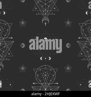 Disegno senza giunture con simboli geometrici sacri. Sfondo con segni magici. Illustrazione Vettoriale