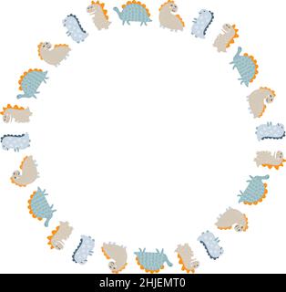 Corona circolare Vector con dinosauri e dino con scritta a mano con posto per il testo del tuo bambino su sfondo bianco. Biglietto d'auguri, design poster Illustrazione Vettoriale