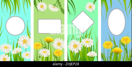 Impostare le carte primavera di fiori fiorito dandelions e margherite, camomiles, sfondi di erba. Colorati banner verticali primavera storie di social media Illustrazione Vettoriale