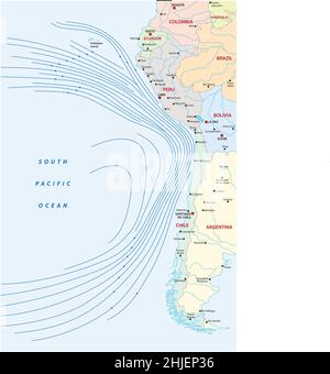 Mappa della corrente Humboldt o Perù sulla costa occidentale del Sud America Illustrazione Vettoriale