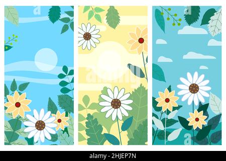 Set di fiori e foglie floreali sfondi verticali storie di social media modelli, banner vivaci a colori, poster, copertina, sfondi Illustrazione Vettoriale
