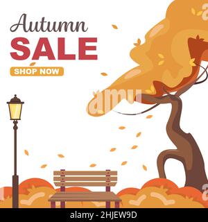 Vendita autunnale. Illustrazione vettoriale con panca, lanterna e albero. Illustrazione Vettoriale