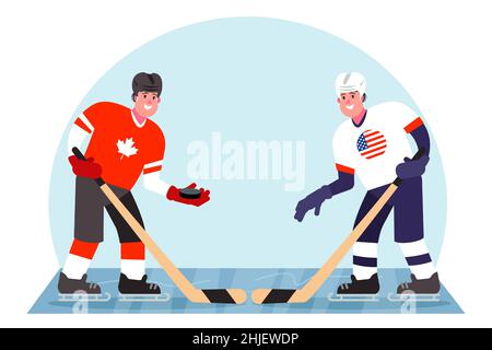 Giocatori di hockey su ghiaccio. Concorrenza tra Canada e Stati Uniti. Illustrazione vettoriale in stile piatto. Illustrazione Vettoriale