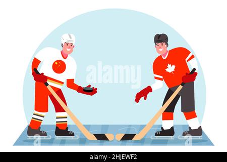 Giocatori di hockey su ghiaccio. Concorrenza tra Cina e Canada. Illustrazione vettoriale in stile piatto. Illustrazione Vettoriale